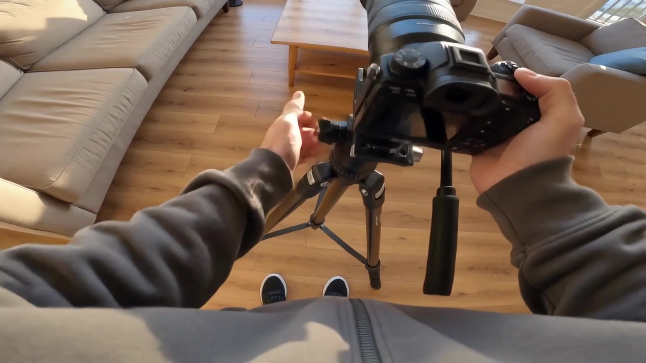 Kreatör i huvtröja går in, bär kamera, fäller ut stativ och monterar kameran hemma för att förbereda en fotografering.