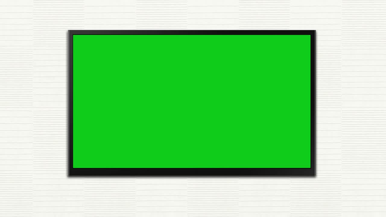 A green mock-up of a TV screen or interactive digital whiteboard in horizontal mode hangs on a light wall.