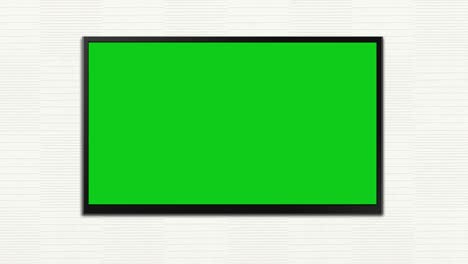 a green mock-up of a tv screen or interactive digital whiteboard in horizontal mode hangs on a light wall.