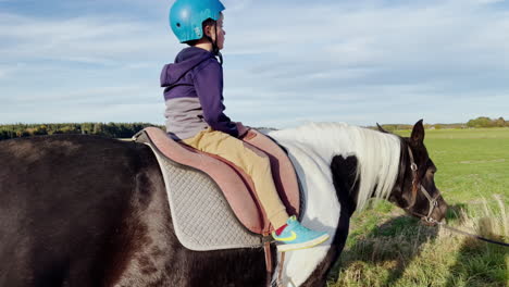abrazar el encanto del otoño como un caballo es graciosamente caminado, un niño en la silla
