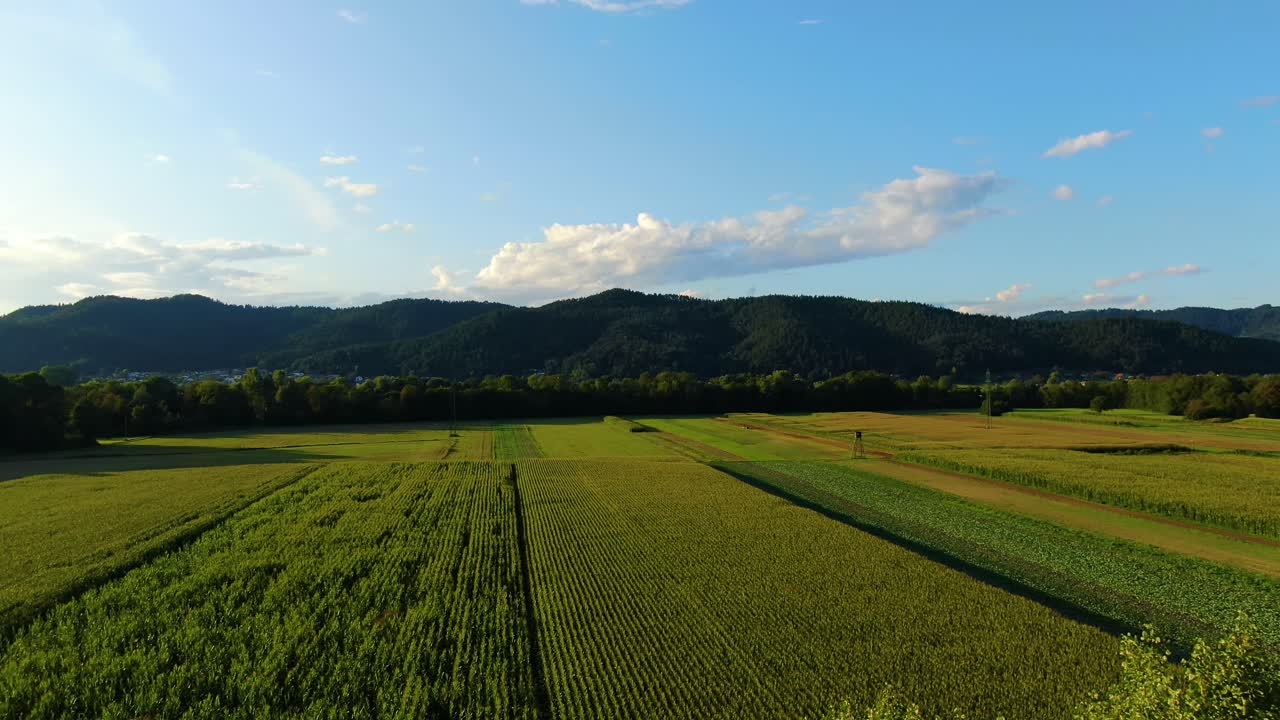 Farm fields near the Sava and Ljubljanica river confluence east of the capital city of Ljubljana Slovenia, Aerial drone flyover reveal shot