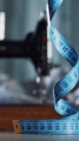 seamstress is taking up blue tape measure on the background of sewing machine. fingers of a young female designer rising the blue roulette from the table. vertical video