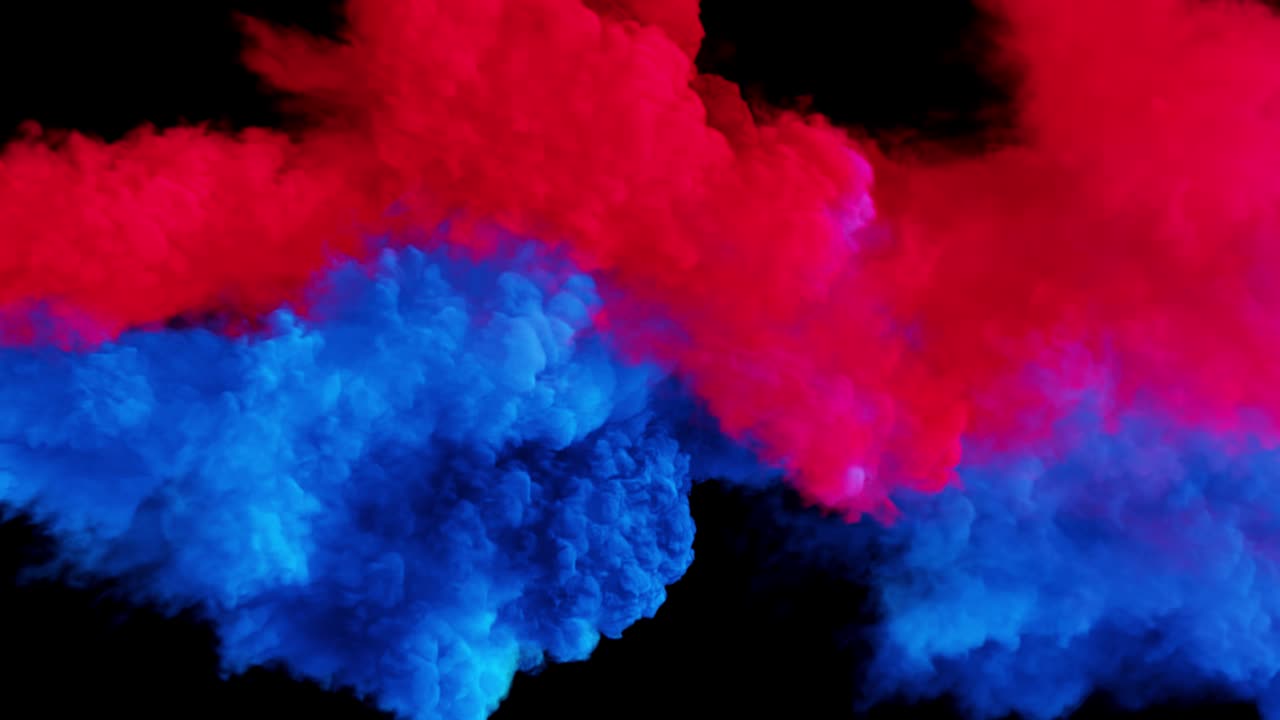 nubes coloridas rojas o azules, efecto de humo que fluye con turbulencias y velocidad. colisión de nubes aisladas en fondo negro. flujo dinámico de explosión de humo abstracto de color. renderización 3d