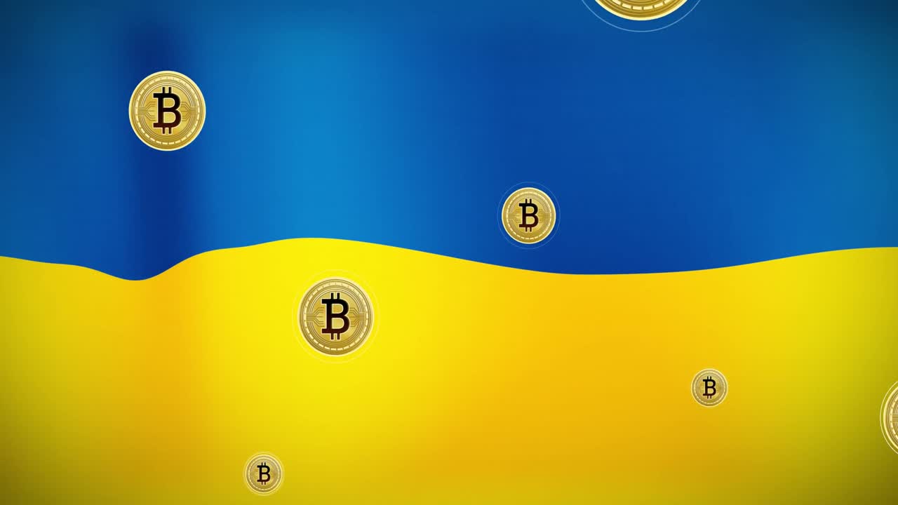 Animace bitcoinových symbolů nad ukrajinskou vlajkou