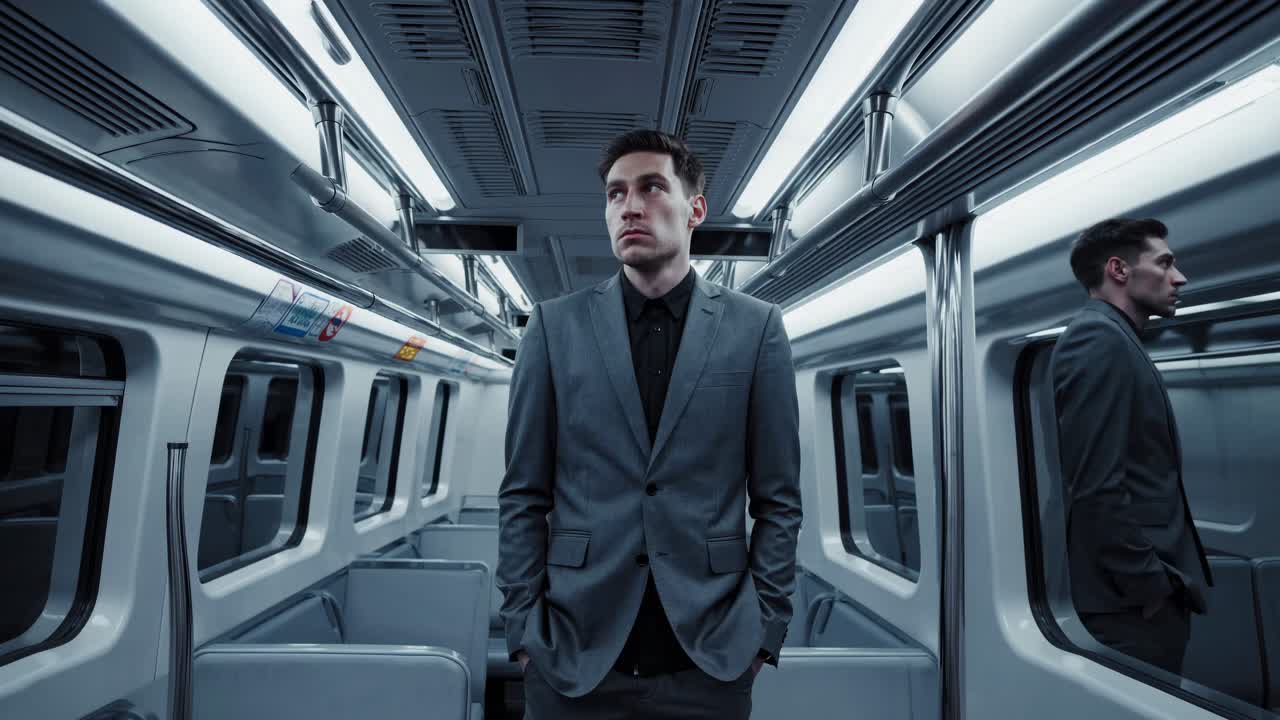 Man in a Suit on an Empty Subway Car