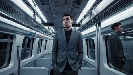 man in a suit on an empty subway car