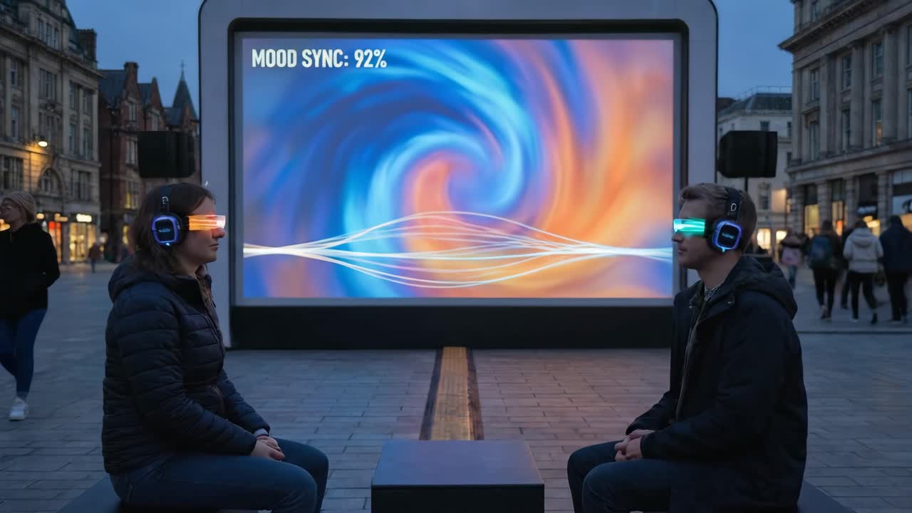 Coppia con tecnologia futuristica di sincronizzazione dell'umore in città