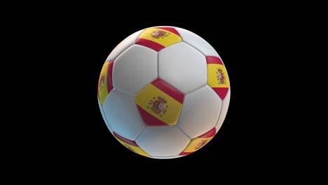 soccer ball with flag spain, on black background loop alpha. 3d rendering