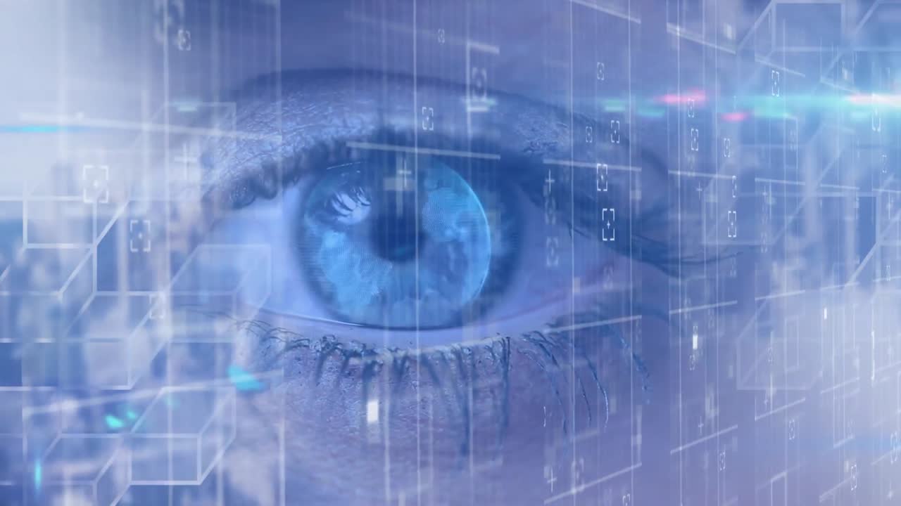 Animation of data processing on computer screens over woman's eye and cityscape