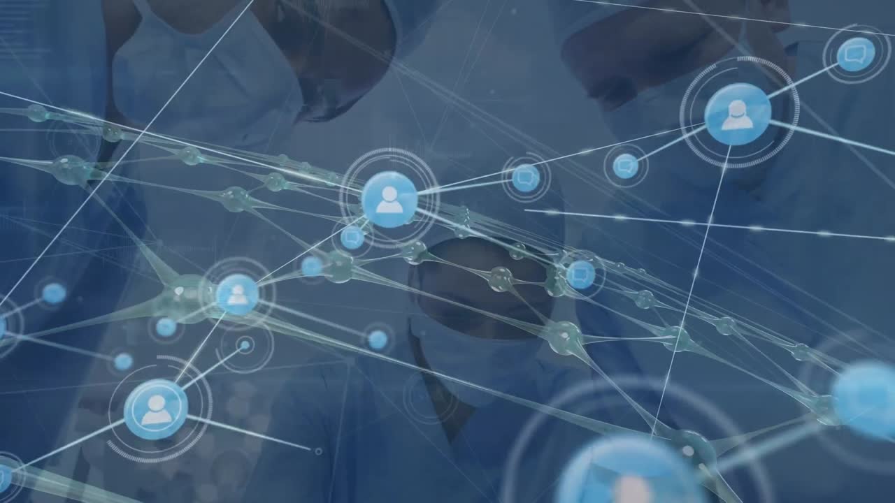 다양한 의사들에 대한 아이콘과의 연결 네트워크의 애니메이션