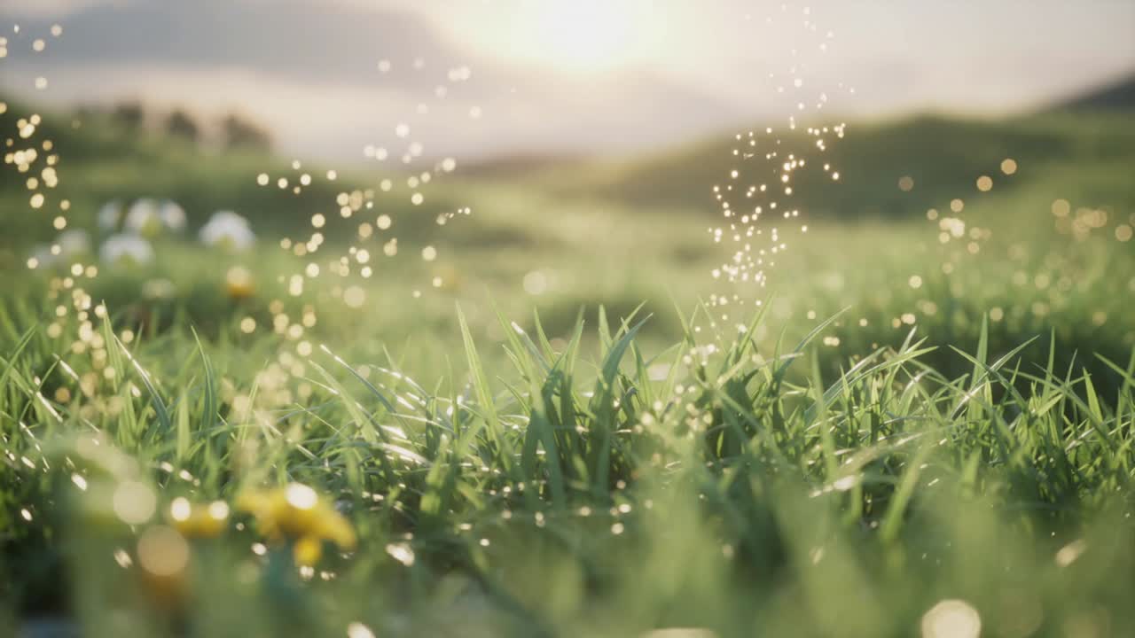 Bathing grass blades by low sun in meadow, warming dew sparkling, motes rising near yellow flowers