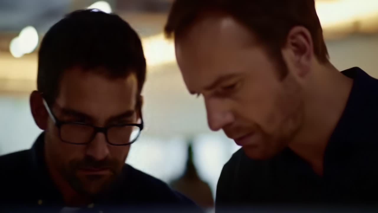 Two Professionals Engaged in a Serious Discussion, Analyzing Information or Data in a Modern Workplace Environment with Soft Lighting and Intense Expressions