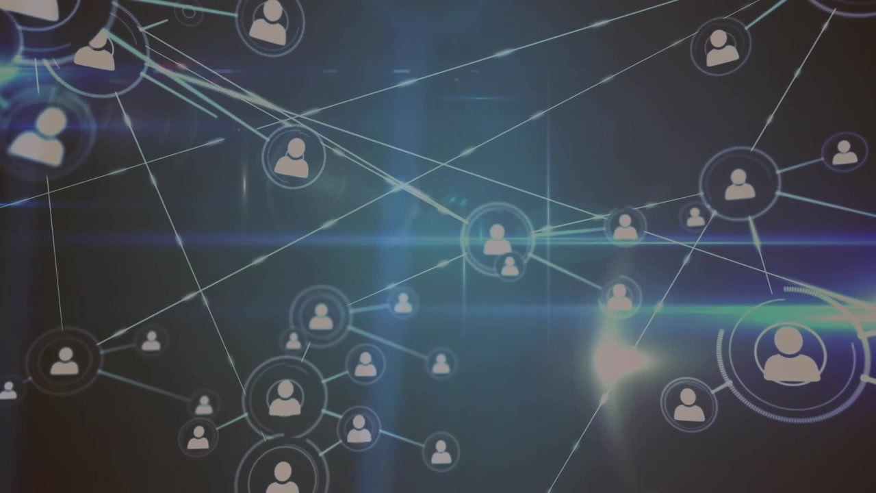 Animazione di rete di connessioni con icone su sfondo nero e viola
