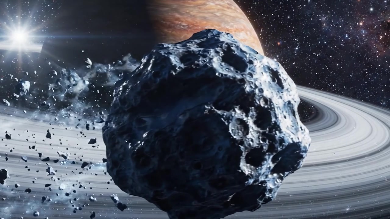 Esplorando la bellezza cosmica: Una vista accattivante di un pianeta maestoso circondato da anelli gloriosi e asteroidi nello spazio profondo.
