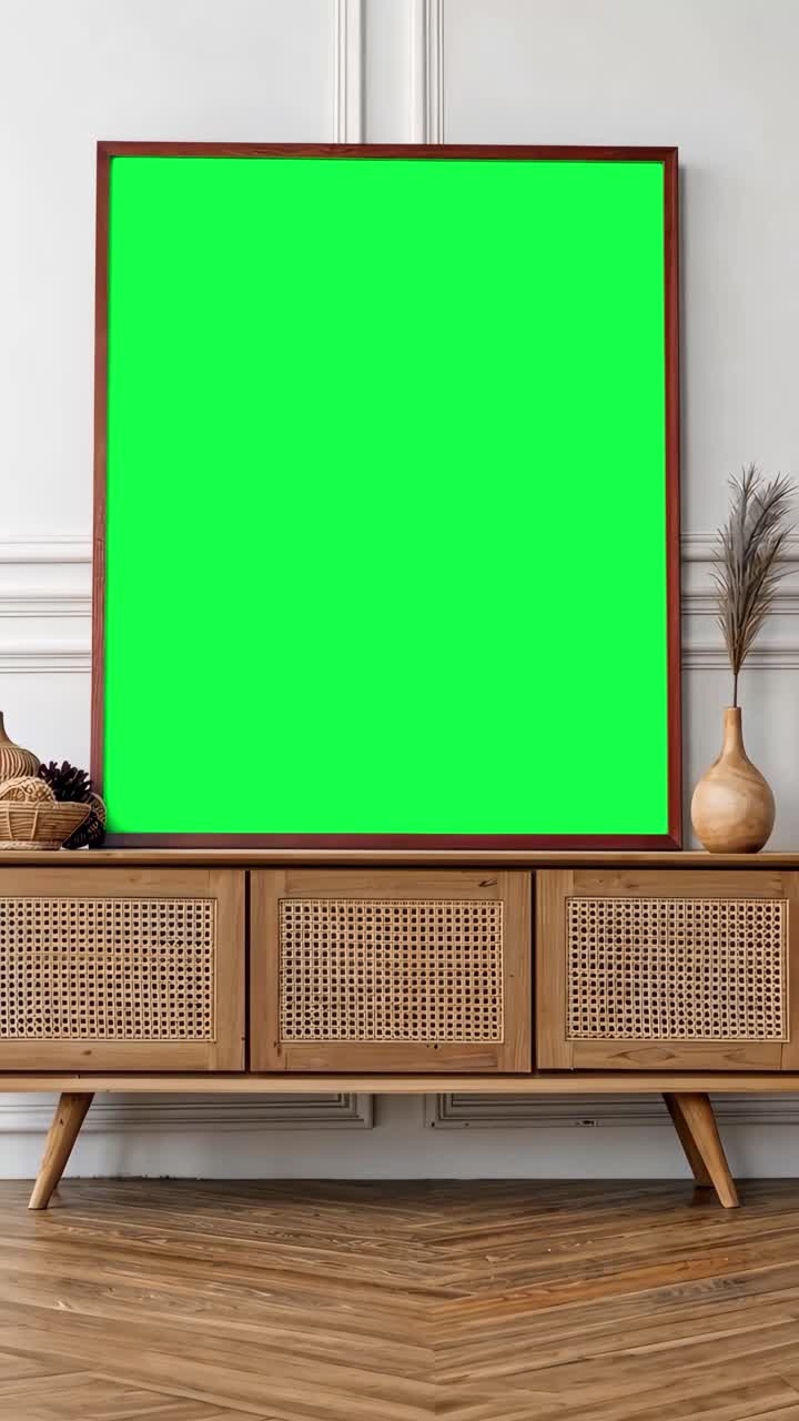 Picture frame on cabinet live mockup animation, transparent 4K video, green screen