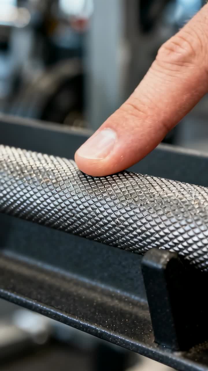 Vertical video: Approaching finger causing index finger probing knurled bar at gym, testing grip