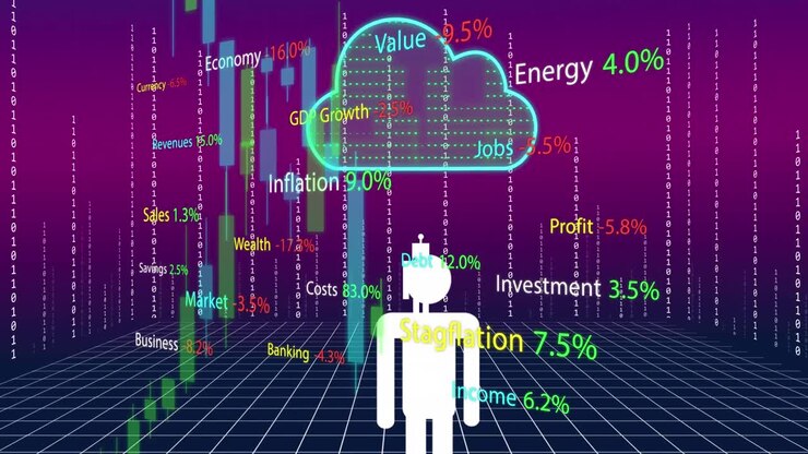 Animation of ai data processing and icons over cloud and business text