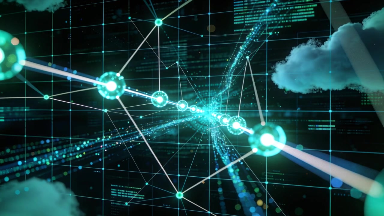 Camera pushing forward along teal node chain, causing streams converging on grid to show data flow