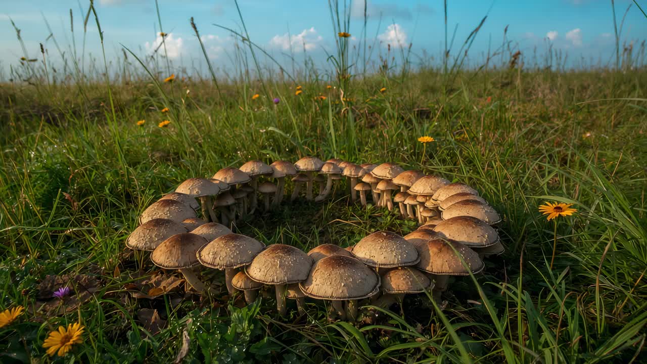 Moving camera slowly revealing mushroom ring in meadow, with yellow daisy and purple blossom