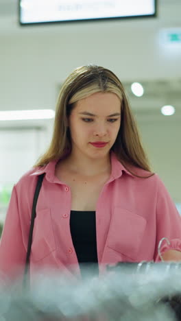 una joven con una camisa rosa recoge una camiseta negra del estante de ropa, la observa pensativa, luego la deja caer, otro comprador en el fondo también recoge una tela, en el centro comercial brillantemente iluminado