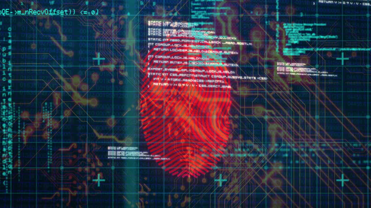 Fingerprint and digital data processing animation over circuit board background