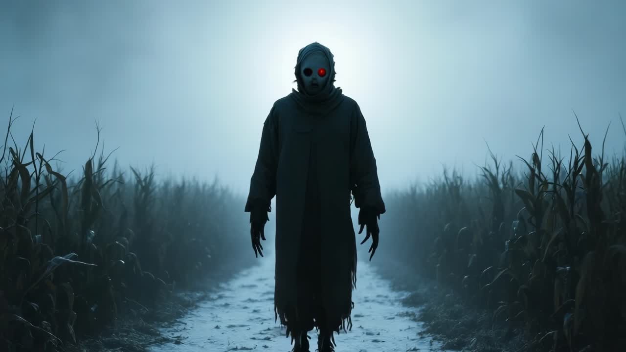 Eerie figure in foggy cornfield with glowing eyes, advancing through misty pathway