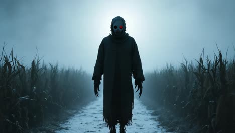 eerie figure in foggy cornfield with glowing eyes, advancing through misty pathway