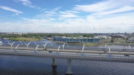 Aerial-Drone-slow-tracking-Shot-of-the-Western-High-Speed-Diameter-Bridge,-Gulf-of-Finland-in-Saint-Petersburg,-Russia