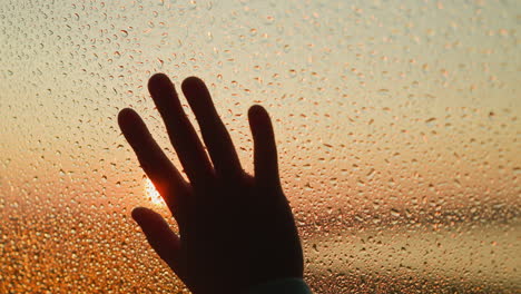 hand on a window with rain drops and a sunset