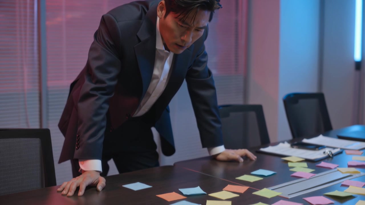 Apoiando as mãos, executivo inclinado de terno movendo post-its pela mesa de conferência, organizando o plano