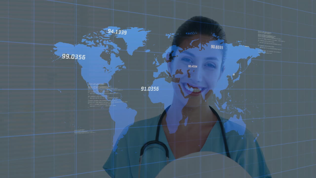 Woman wearing scrubs and stethoscope interacting with holographic health analytics map, data points