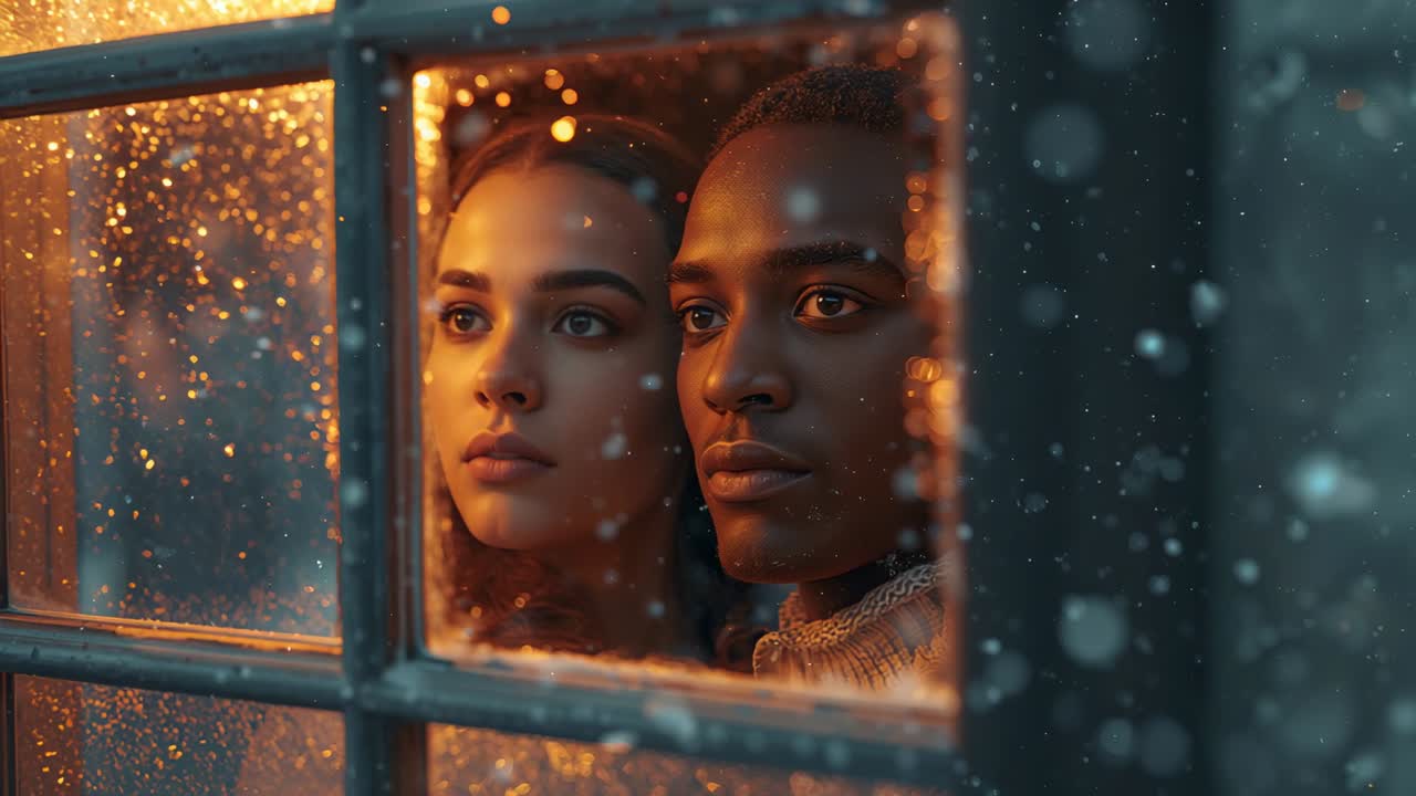 Speaking man in sweater smiling and partner smiling back behind frosted window with snowflakes