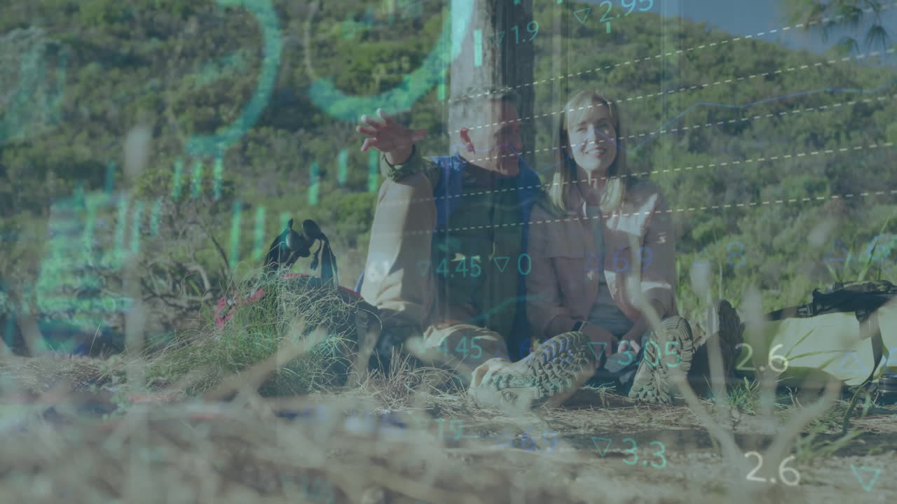 그래프, 로딩 서클 및 트레이딩 보드의 애니메이션 카우카시안 커플이 기둥에 대항하여 앉아 있습니다.