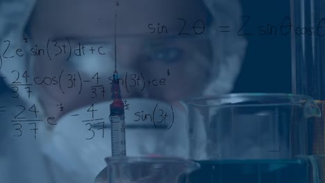 Animation of mathematical equations over female scientist holding syringe