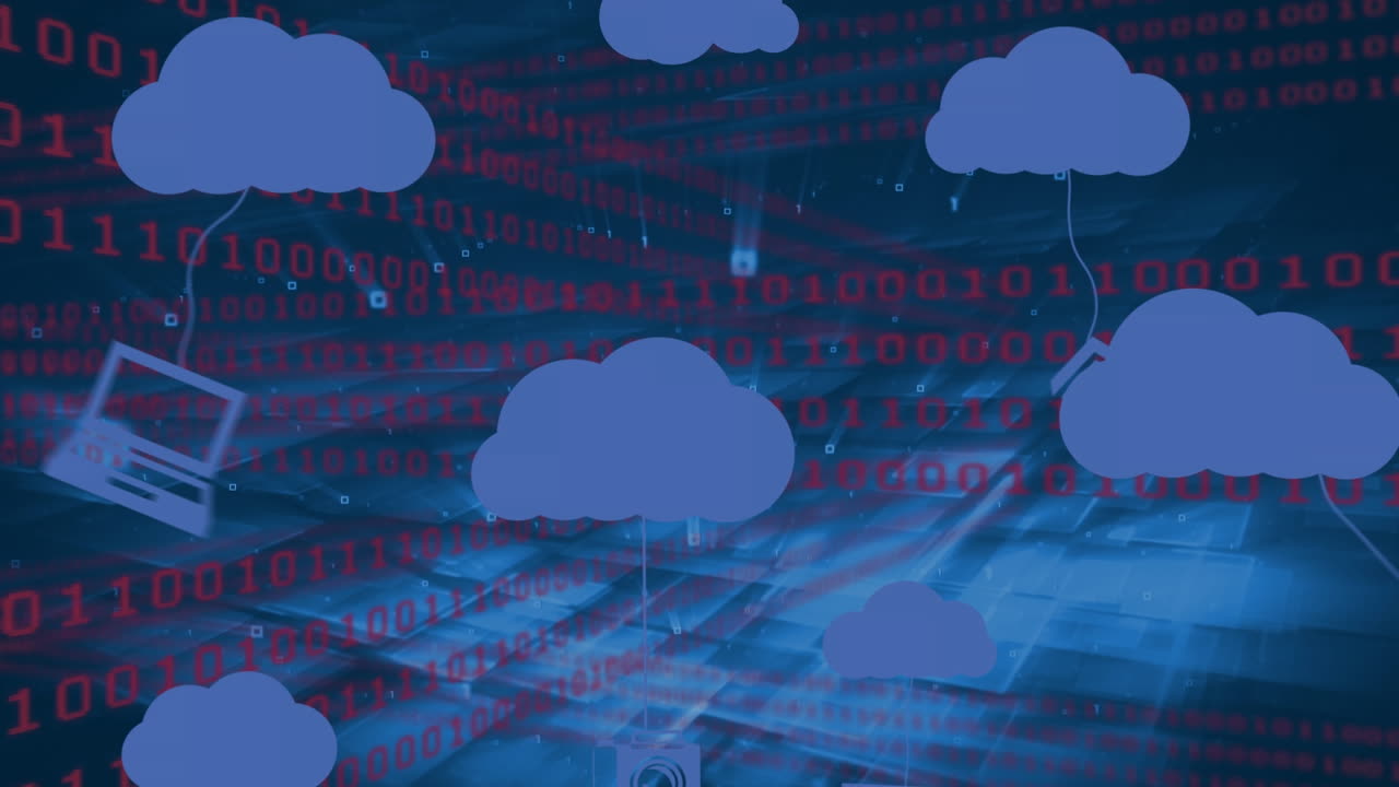 animación de iconos de nubes y procesamiento de datos sobre un fondo oscuro