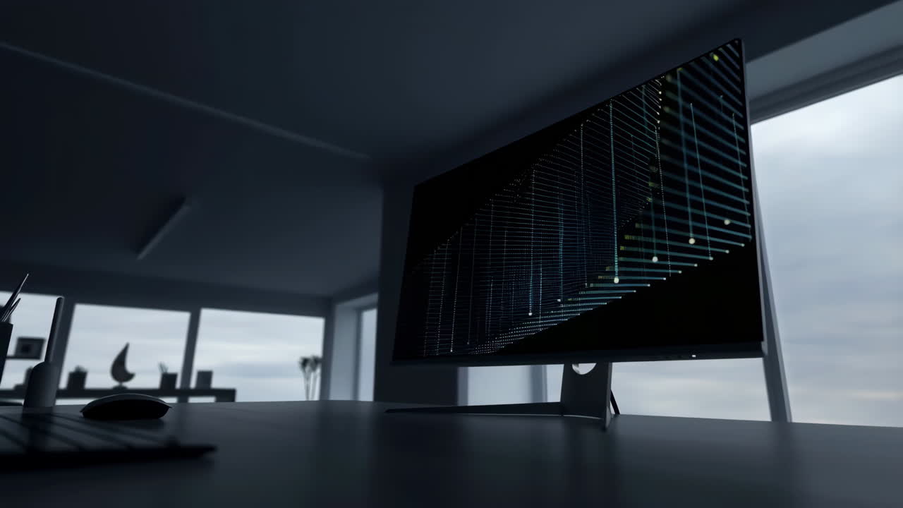 Modern Workspace with Computer Monitor Displaying Abstract Digital Data