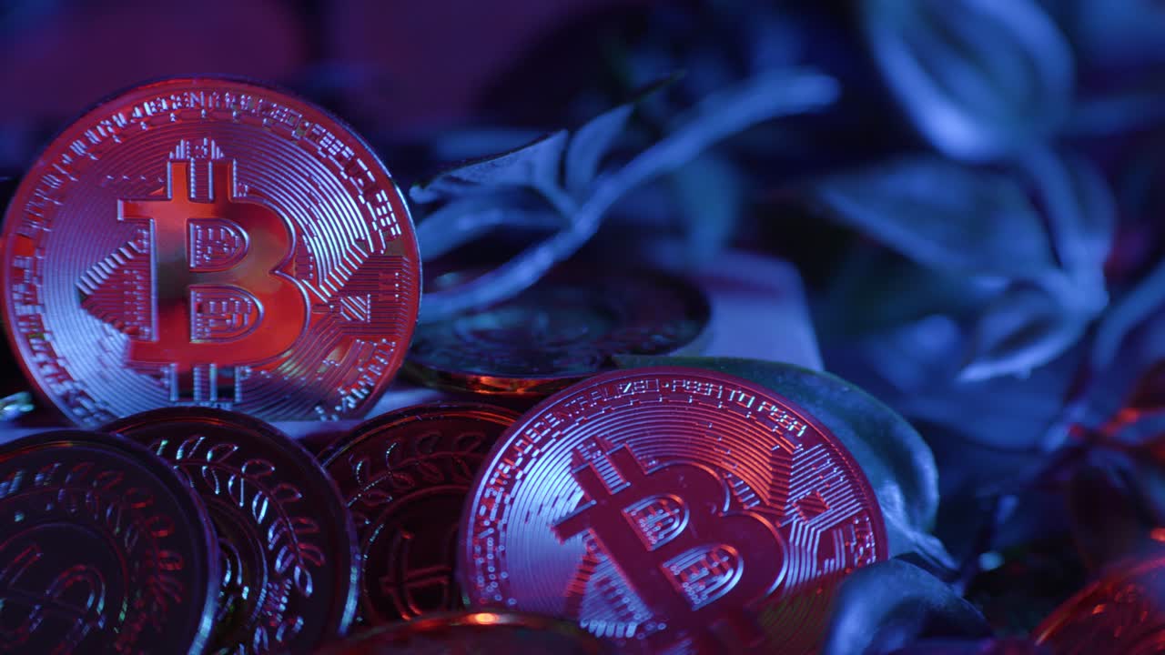slow panning shot of multiple golden bitcoins stacked under lighting