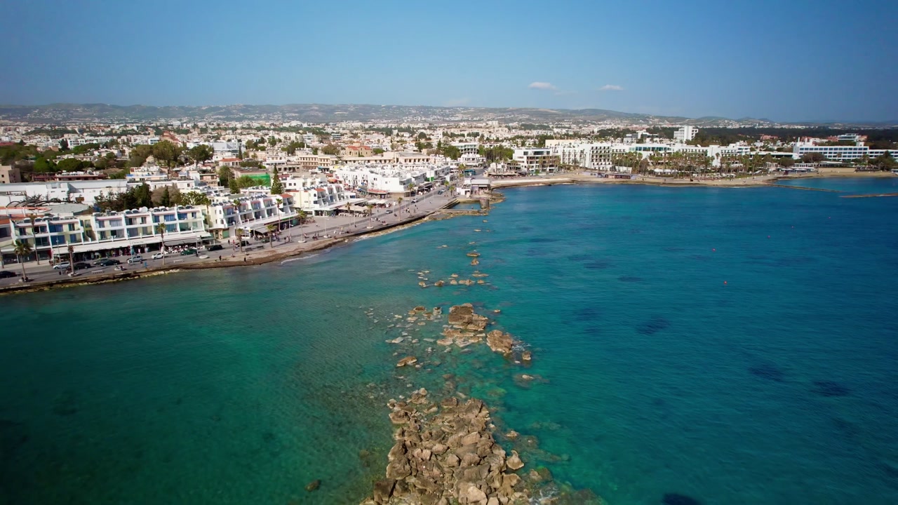 Beautiful aerial view of the paphos city seafront with hotels and resorts in cyprus
