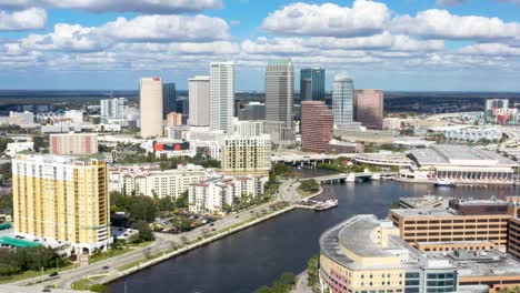 tampa bay skyline in florida, establishing aerial view with copy space