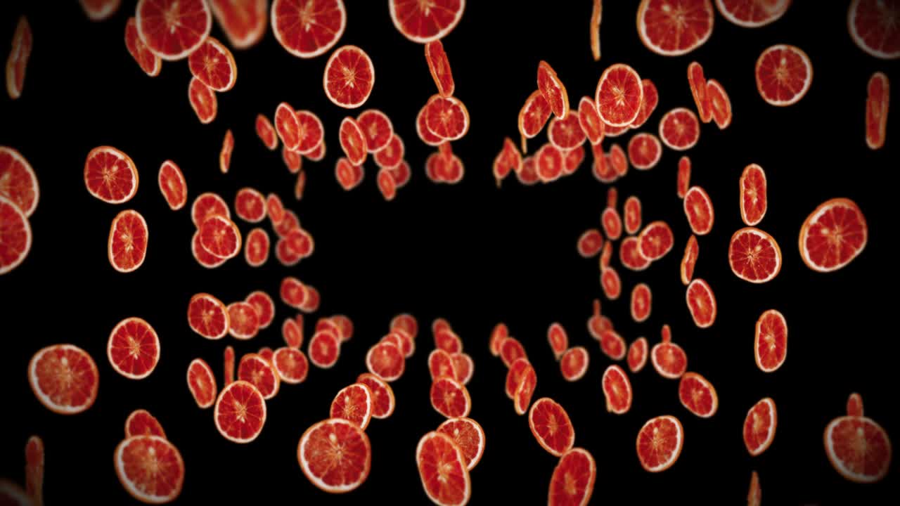 Flying many dried oranges on black background. Dehydrated fruits, Food concept. 3D animation of sliced fruits oranges rotating. Loop animation.