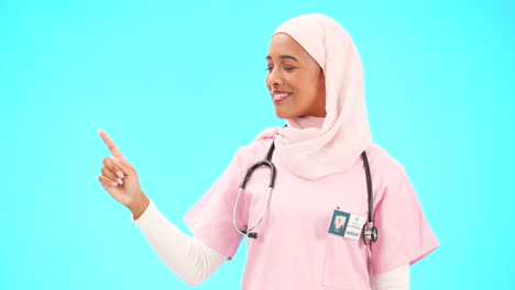 Face,-nurse-and-Muslim-woman-pointing-to-mockup