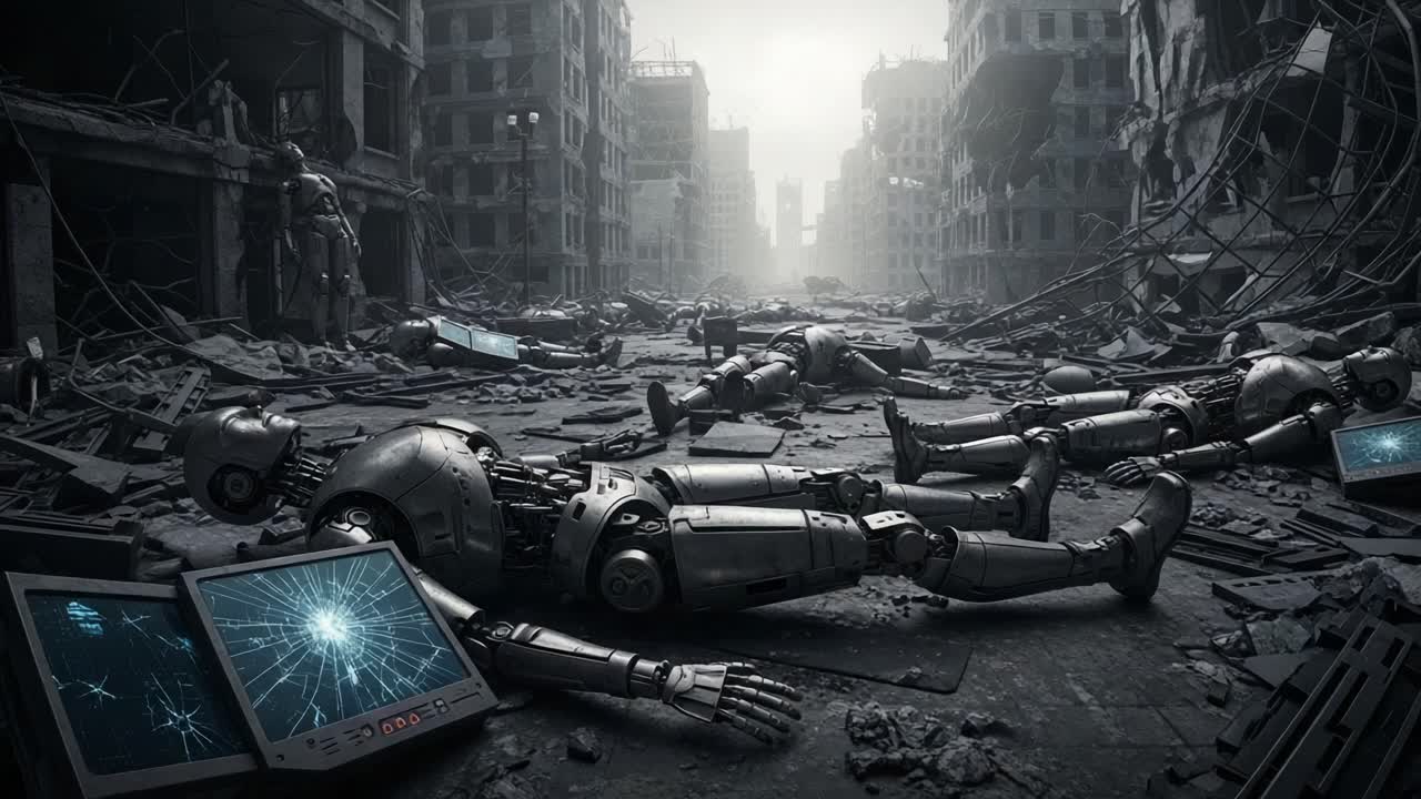 In a desolate, post-apocalyptic environment, humanoid robots lie abandoned among the ruins of a devastated city, surrounded by broken technology and remnants of destruction