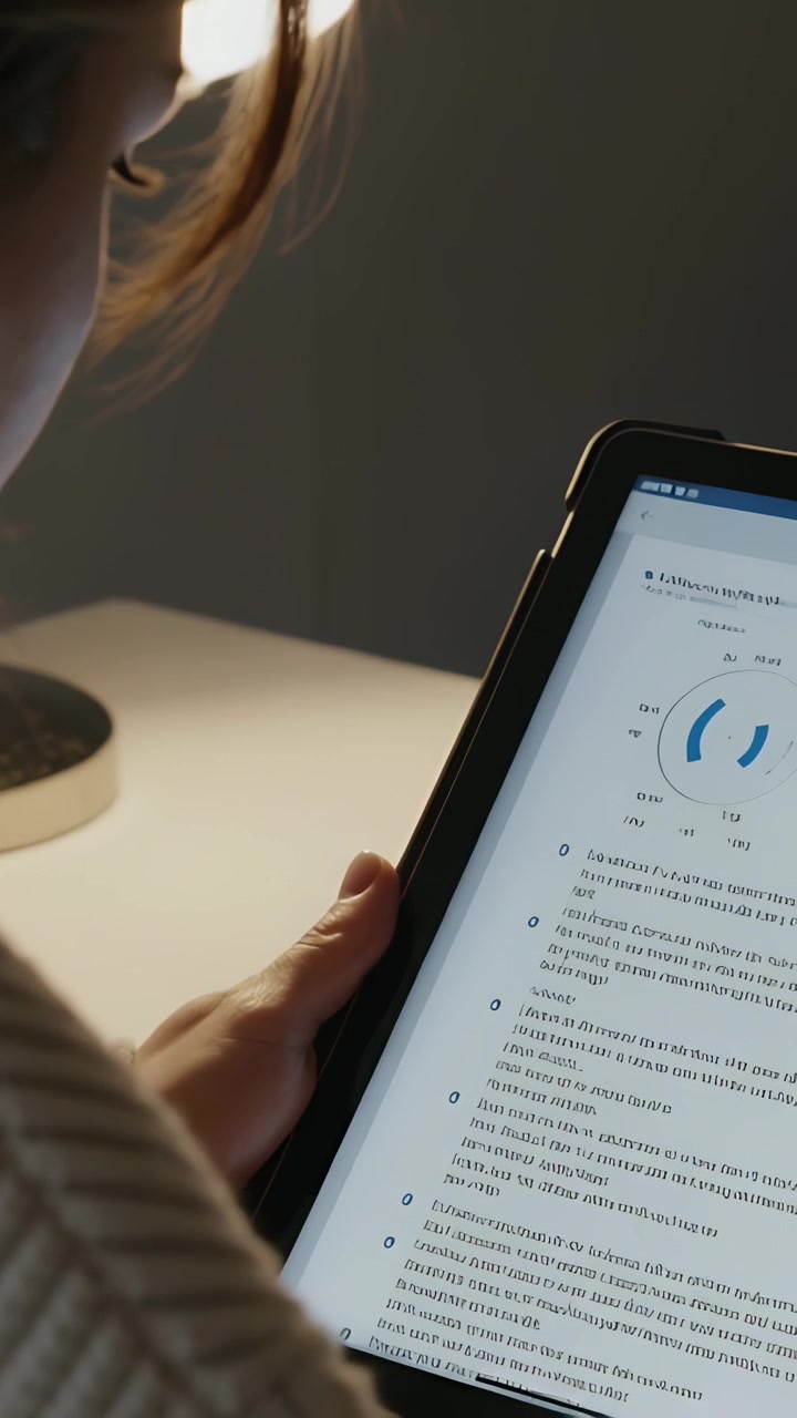 Vertical video: Holding tablet, woman in ribbed sweater reading analytics report at desk, with lamp