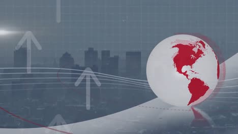 animación del globo giratorio, el punto de luz y los iconos de flecha contra la vista aérea del paisaje urbano