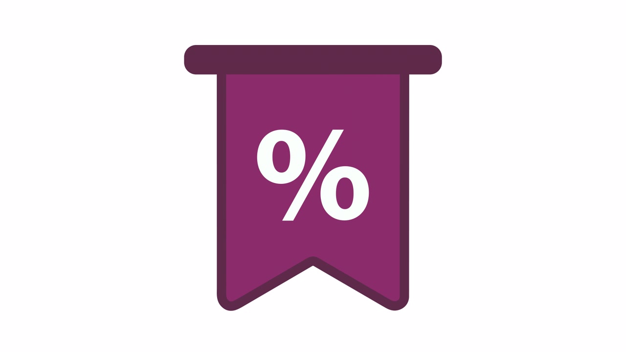 Etichetta animata di sconto percentuale viola che appare su sfondo bianco