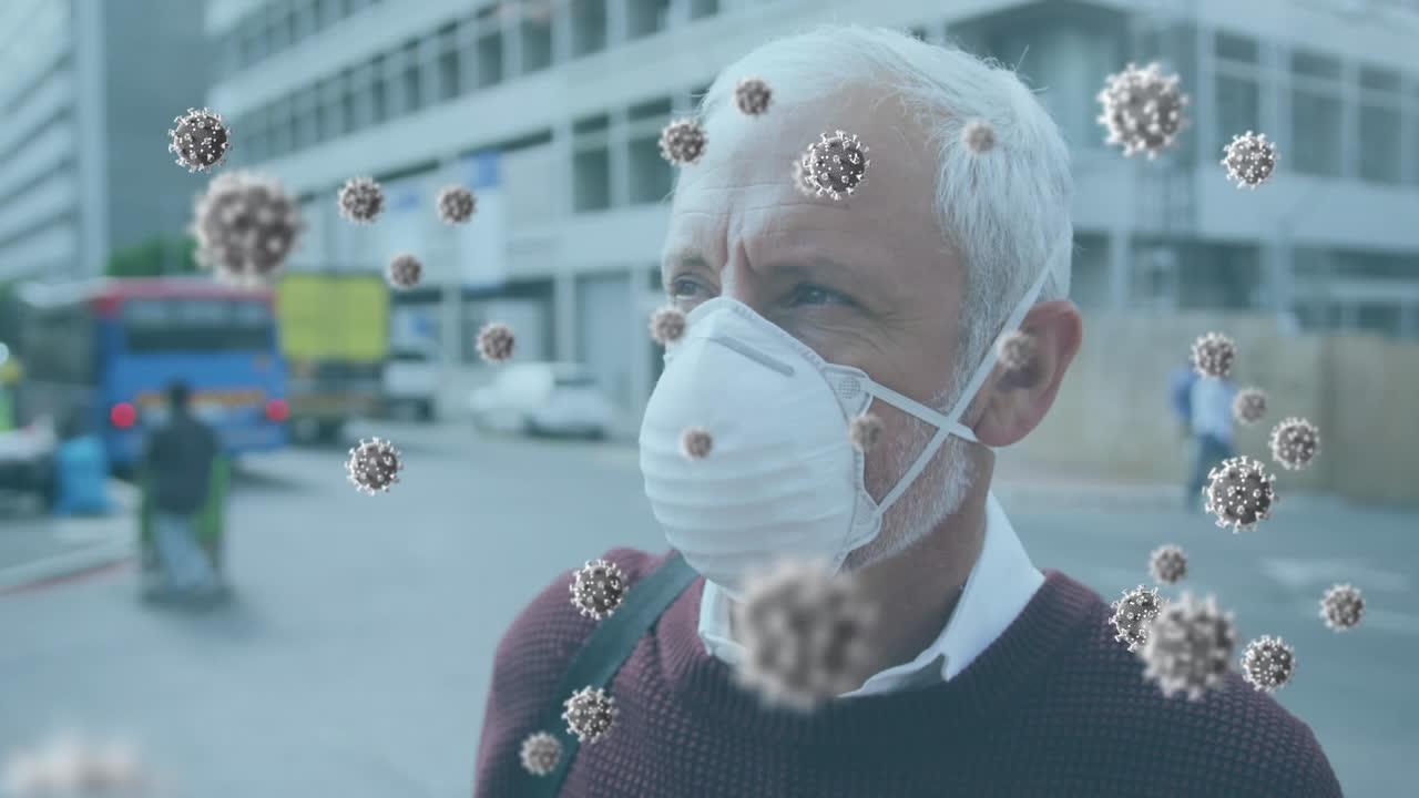 animación de las células del virus covid-19 sobre un hombre que usa una máscara facial