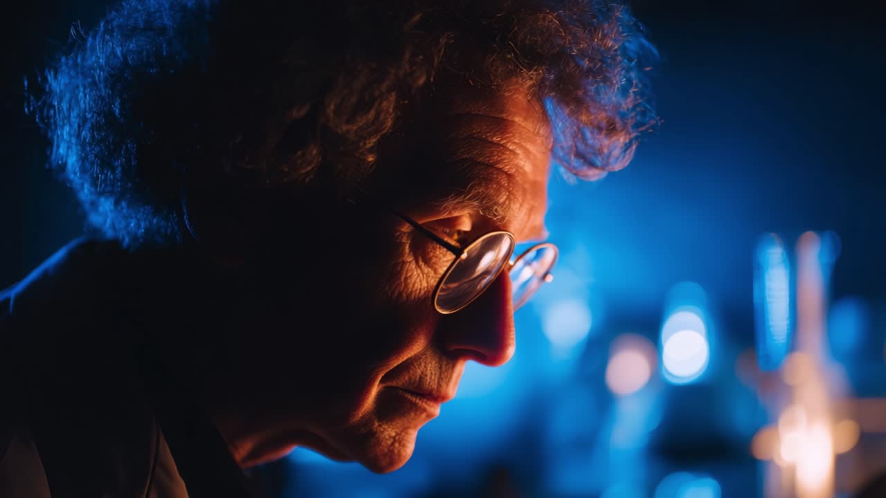A contemplative scientist immersed in thought, illuminated by a soft blue light, capturing the essence of research and discovery in a laboratory setting