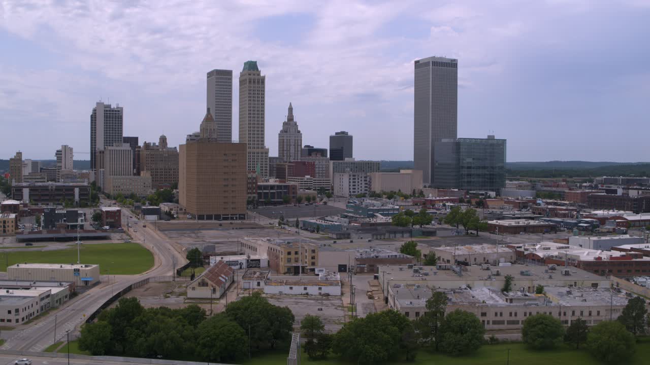 Drone Flight Over Downtown Tulsa - Modern and Historic Buildings