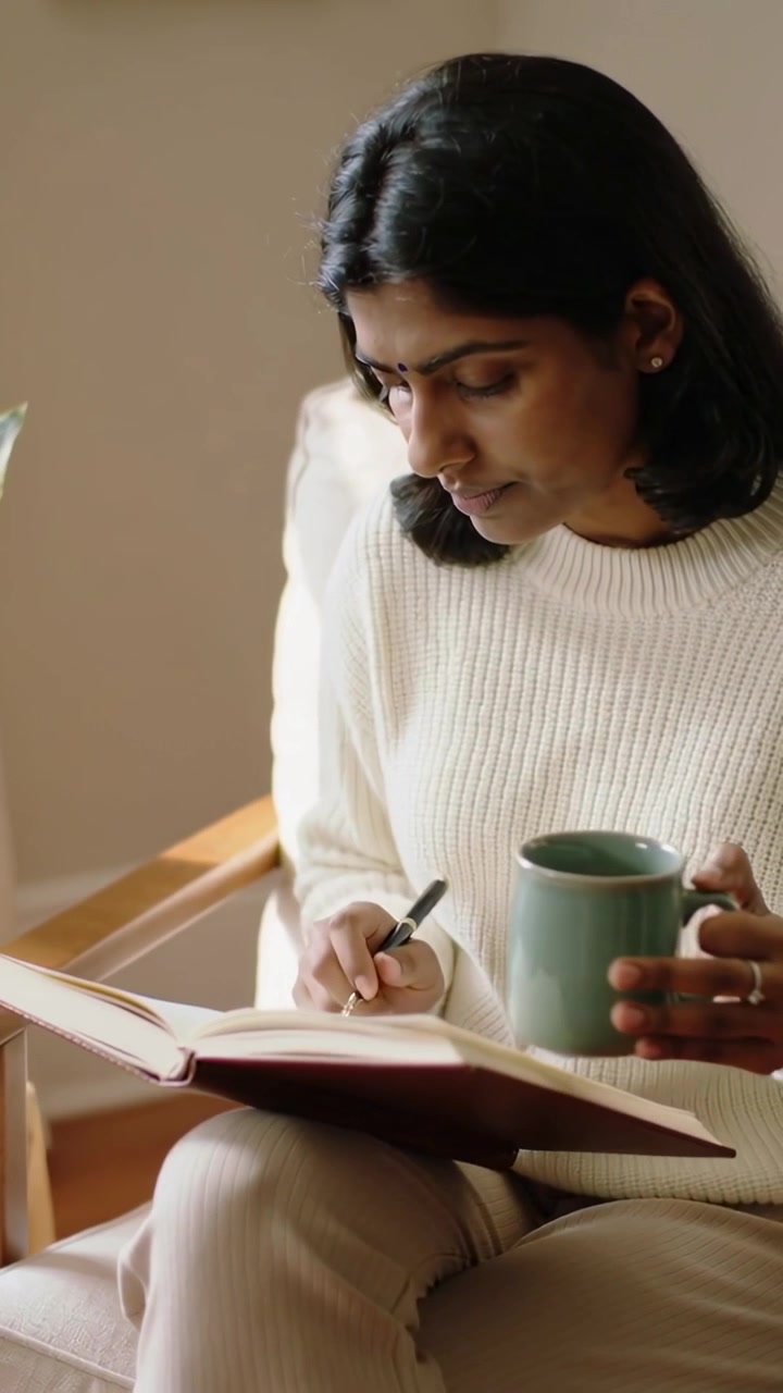 Video verticale: Donna con maglione color crema che solleva una tazza verde e prende appunti a casa con penna e quaderno