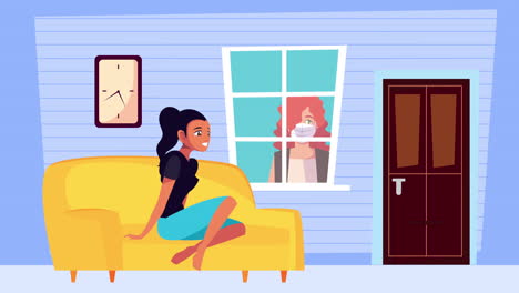 woman in livingroom scene stay at home campaign animation